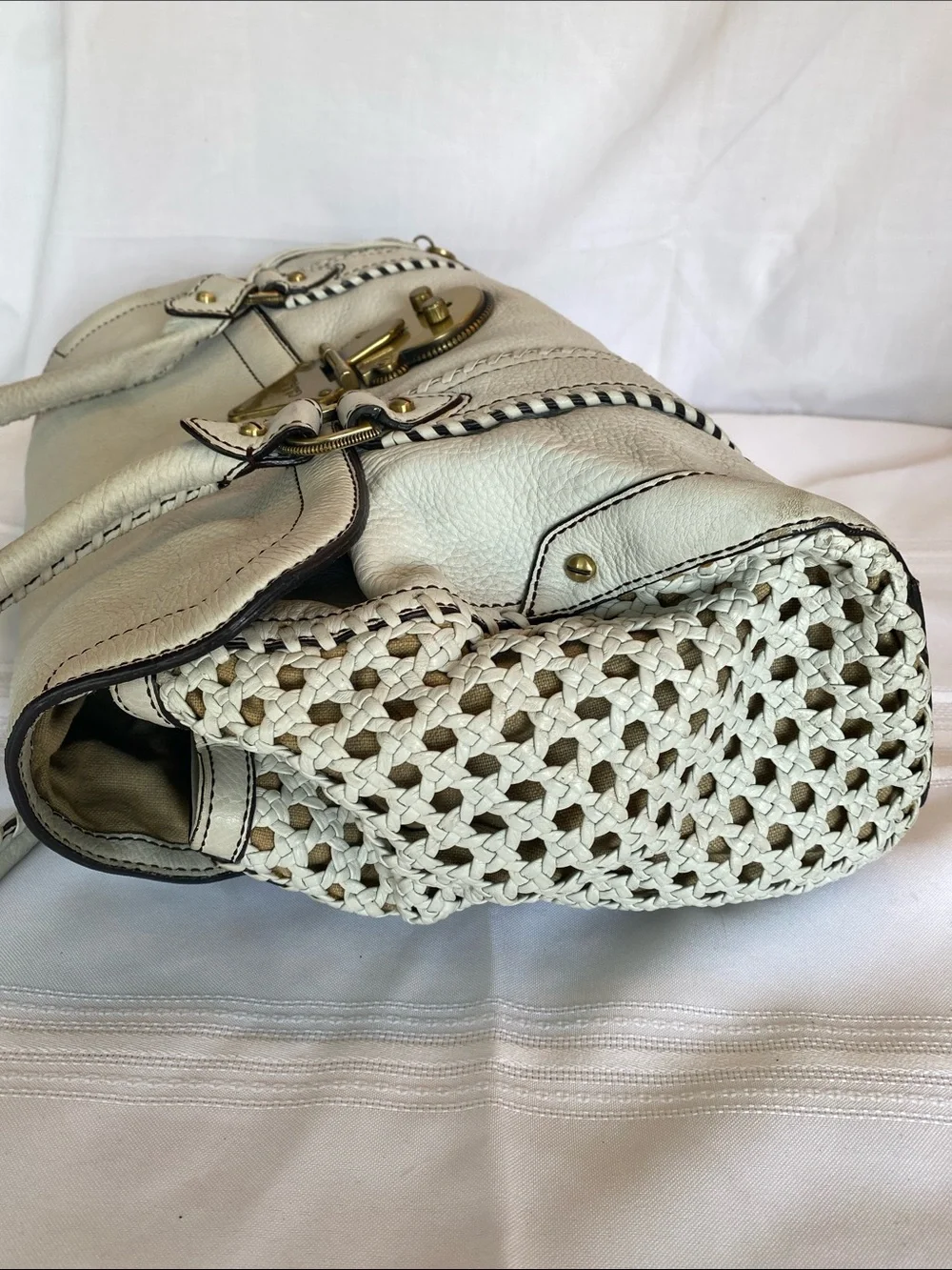 Vintage Cole Haan Cream Leather Satchel with Gold Hardware and Woven Side Panels